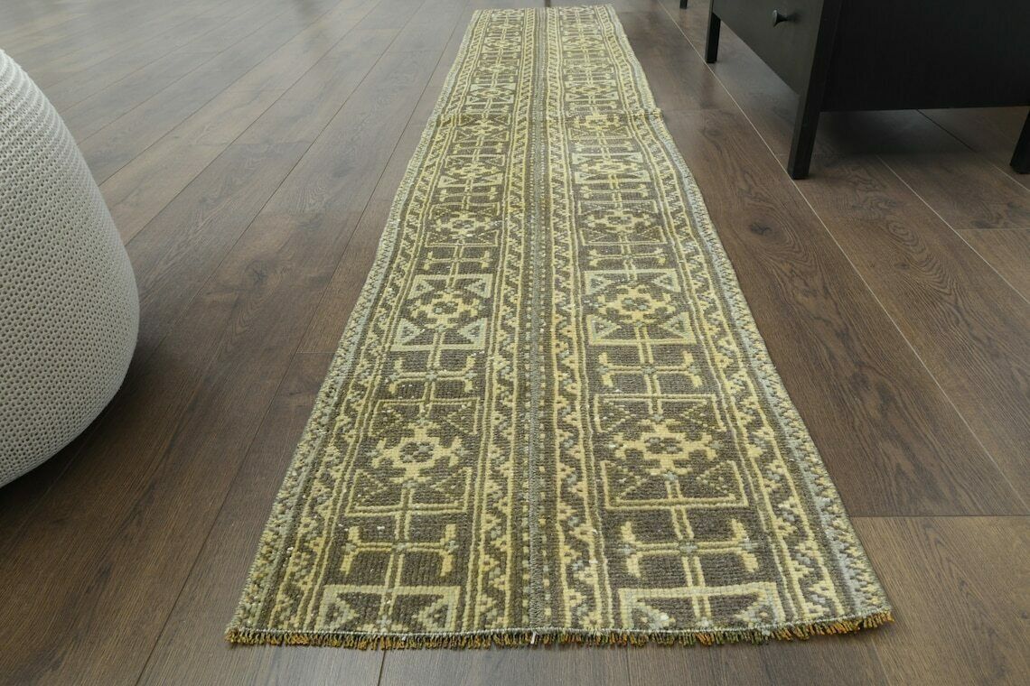 2x9 Vintage Turkish Oushak Narrow Runner, Handmade Wool Carpet, Kitchen Hallway Rug, One Of A Kind, Anatolian, Farmhouse Decor, Patchwork photo furniture