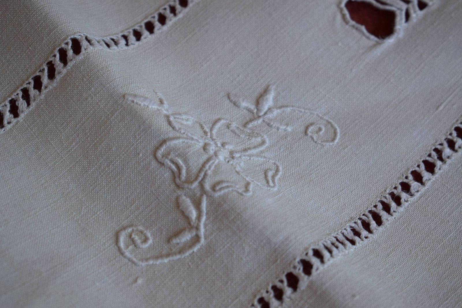 photo furniture Hand Embroidered Metis Linen Dowry Sheet, Monogram M.B, Antique French Floral Embroidery Ladderwork, Trousseau Sheet