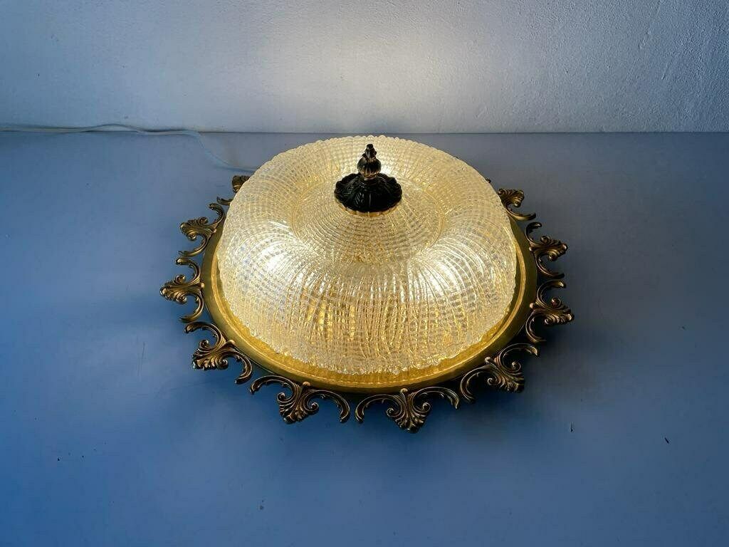 Mid Century Modern Ice Glass & Flower Brass Design Large Ceiling Or Wall Lamp, 1960s, Germany photo furniture