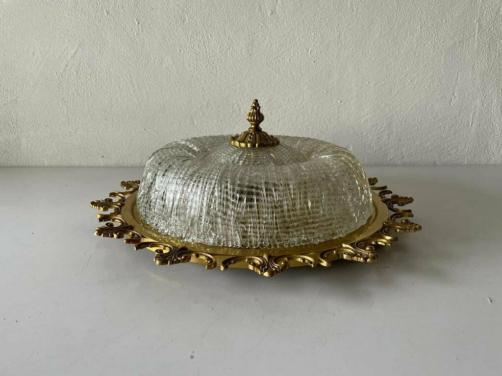 Mid Century Modern Ice Glass & Flower Brass Design Large Ceiling Or Wall Lamp, 1960s, Germany photo for sale