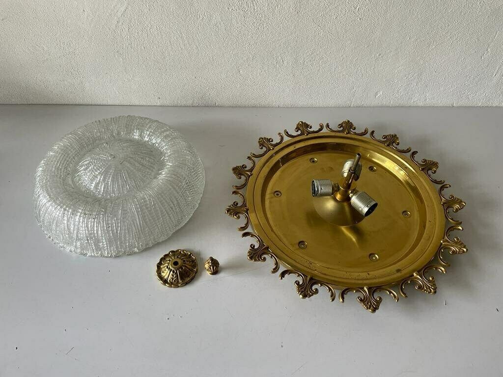 Mid Century Modern Ice Glass & Flower Brass Design Large Ceiling Or Wall Lamp, 1960s, Germany photo vintage
