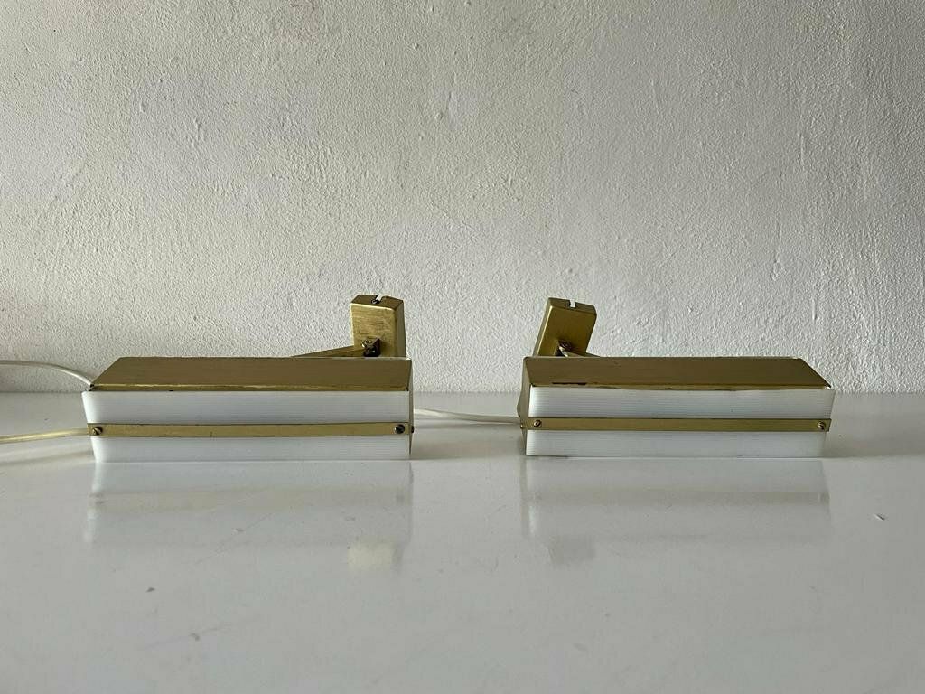 Mid Century Gold Metal And White Plexiglass Pair Of Sconces With Adjustable Arms By Paul Neuhaus Leuchten, 1950s, Germany photo vinterior