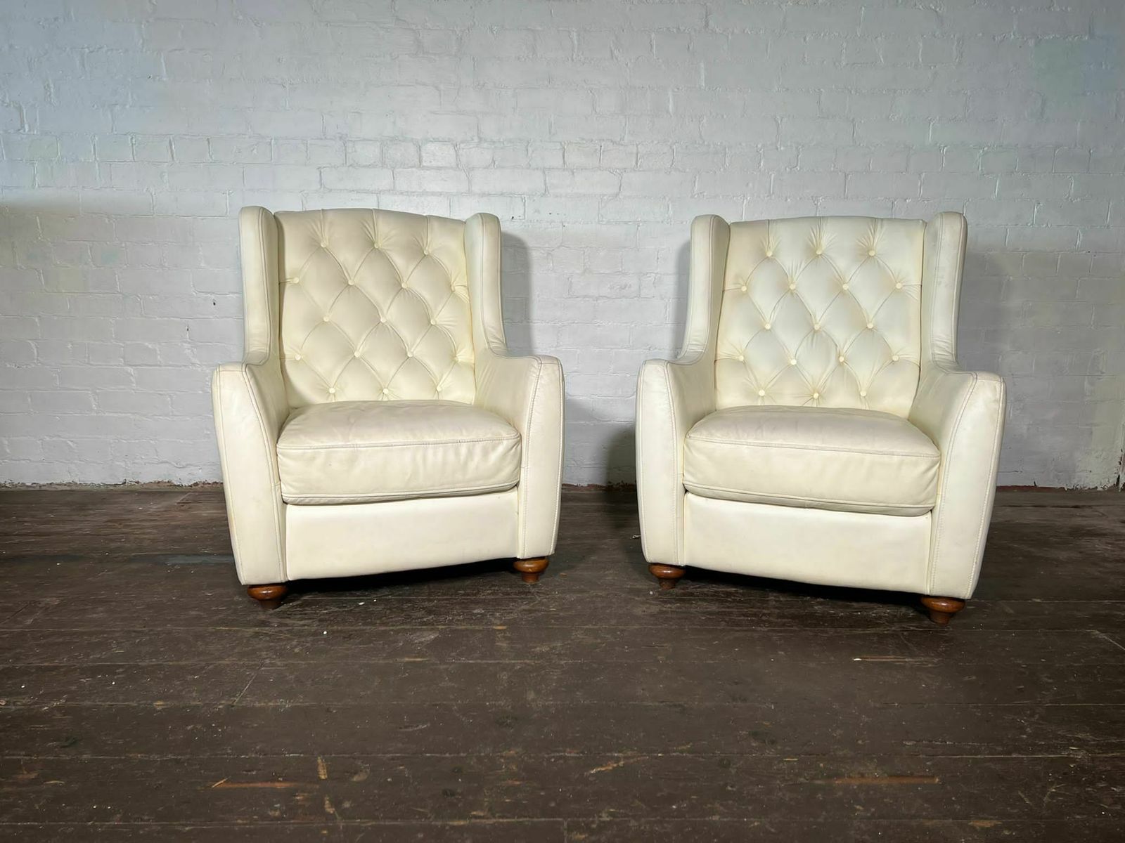 Vintage Mid Century Arm Chairs In Smooth White Leather