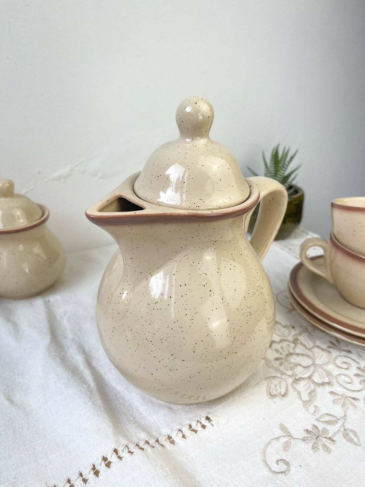 Coffee Service In Speckled Sandstone Tulowice Style Mid Century Xxth   Beige Speckled Sandstone Cups   Vintage Tableware   Poland Tableware photo buy