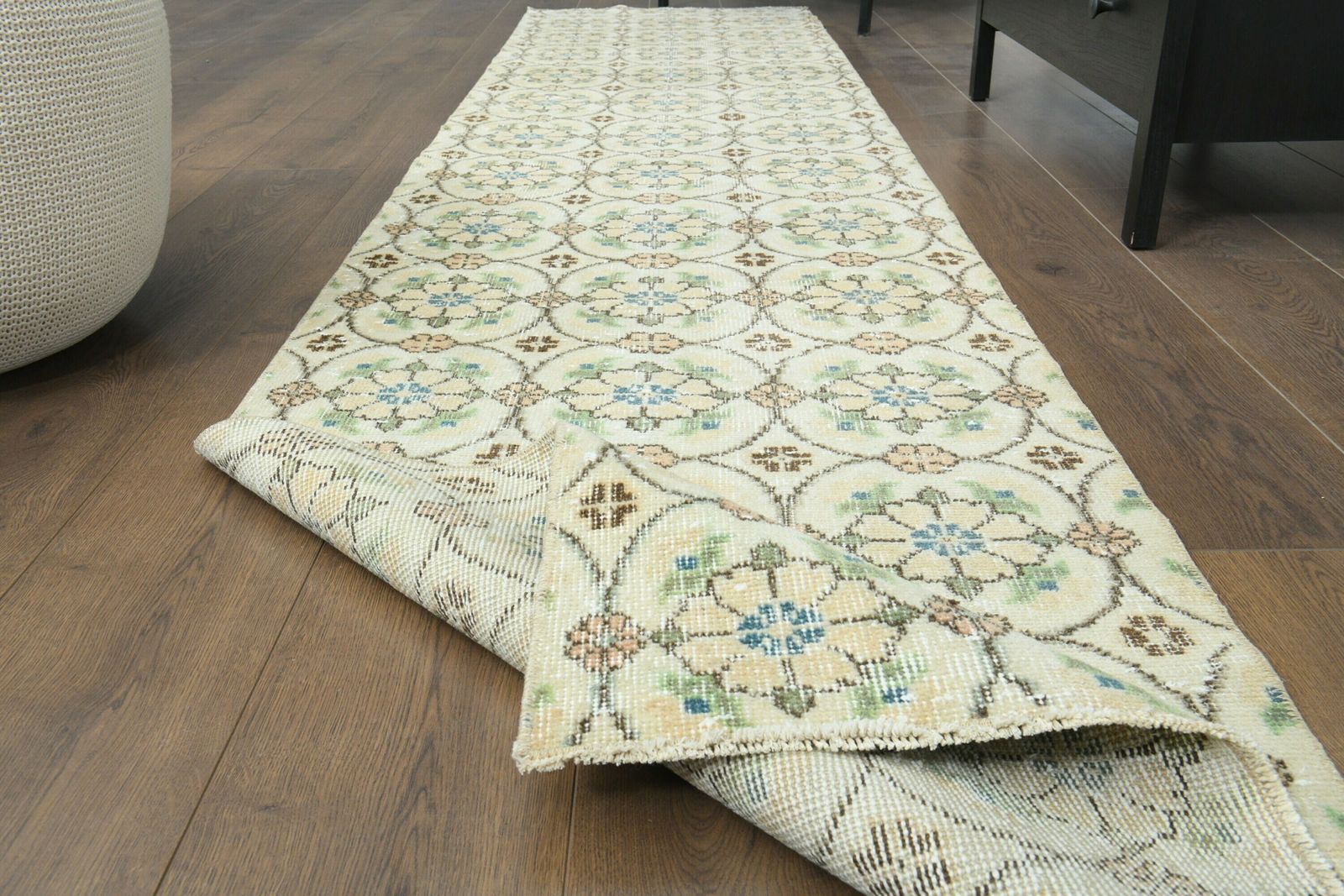 2x11 Turkish Vintage Runner, Neutral Handmade Wool Rug, Floral Kitchen Hallway Rugs, Farmhouse Decor, One Of A Kind Anatolian Rug Runner