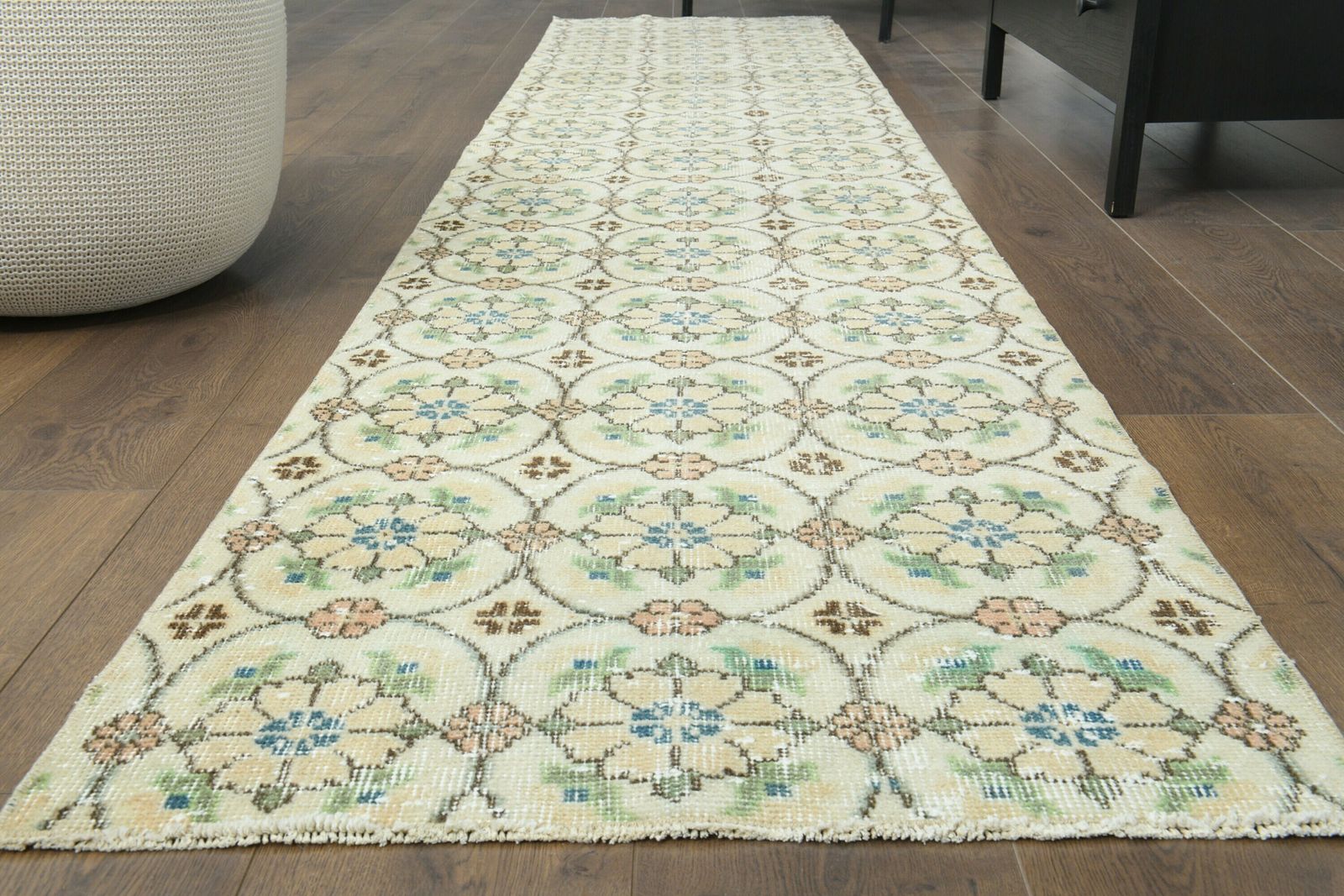 2x11 Turkish Vintage Runner, Neutral Handmade Wool Rug, Floral Kitchen Hallway Rugs, Farmhouse Decor, One Of A Kind Anatolian Rug Runner photo furniture