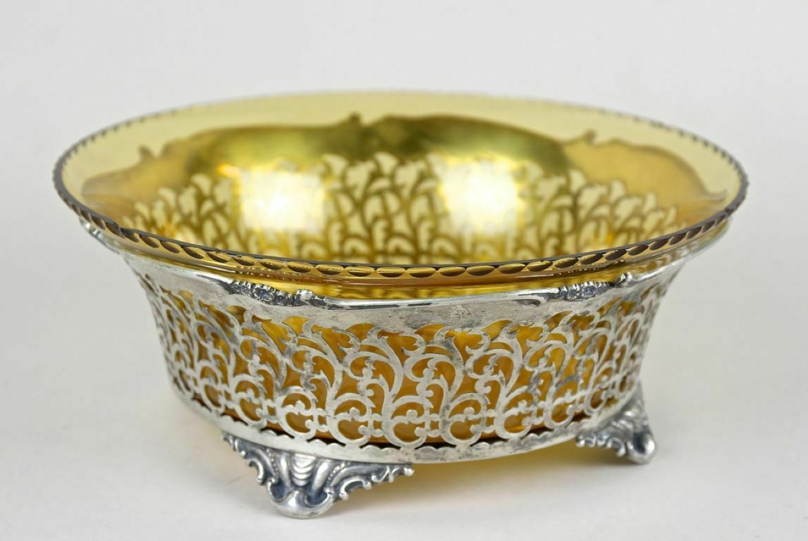 20th Century Art Nouveau Silver Basket With Ambercolored Glass Bowl, At Ca. 1900 photo buy