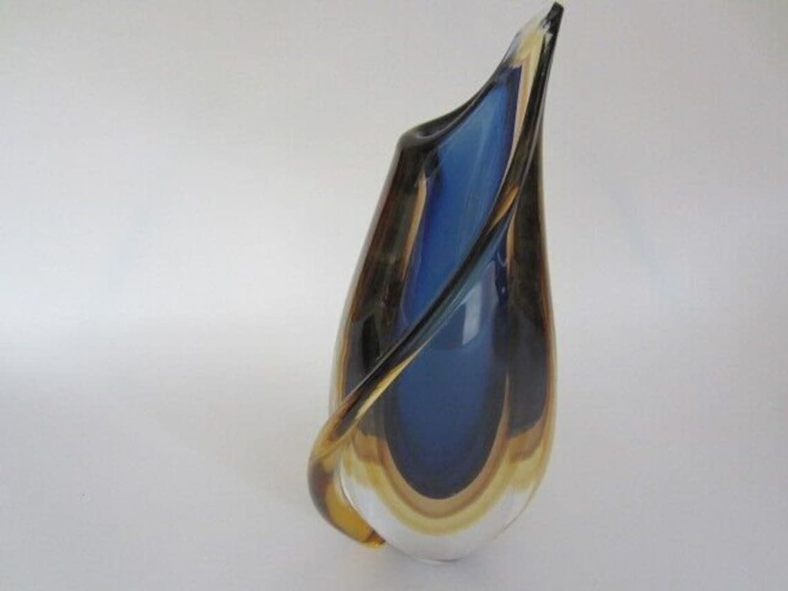 Murano Sommerso Italian Handmade Blue, Yellow, And Clear Crystal Xl Vase + Label photo for sale