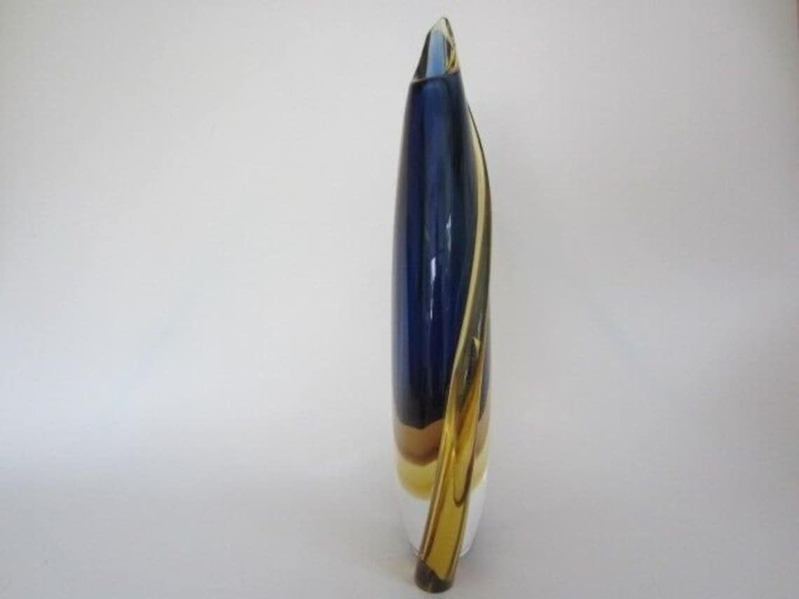 photo for sale Murano Sommerso Italian Handmade Blue, Yellow, And Clear Crystal Xl Vase + Label