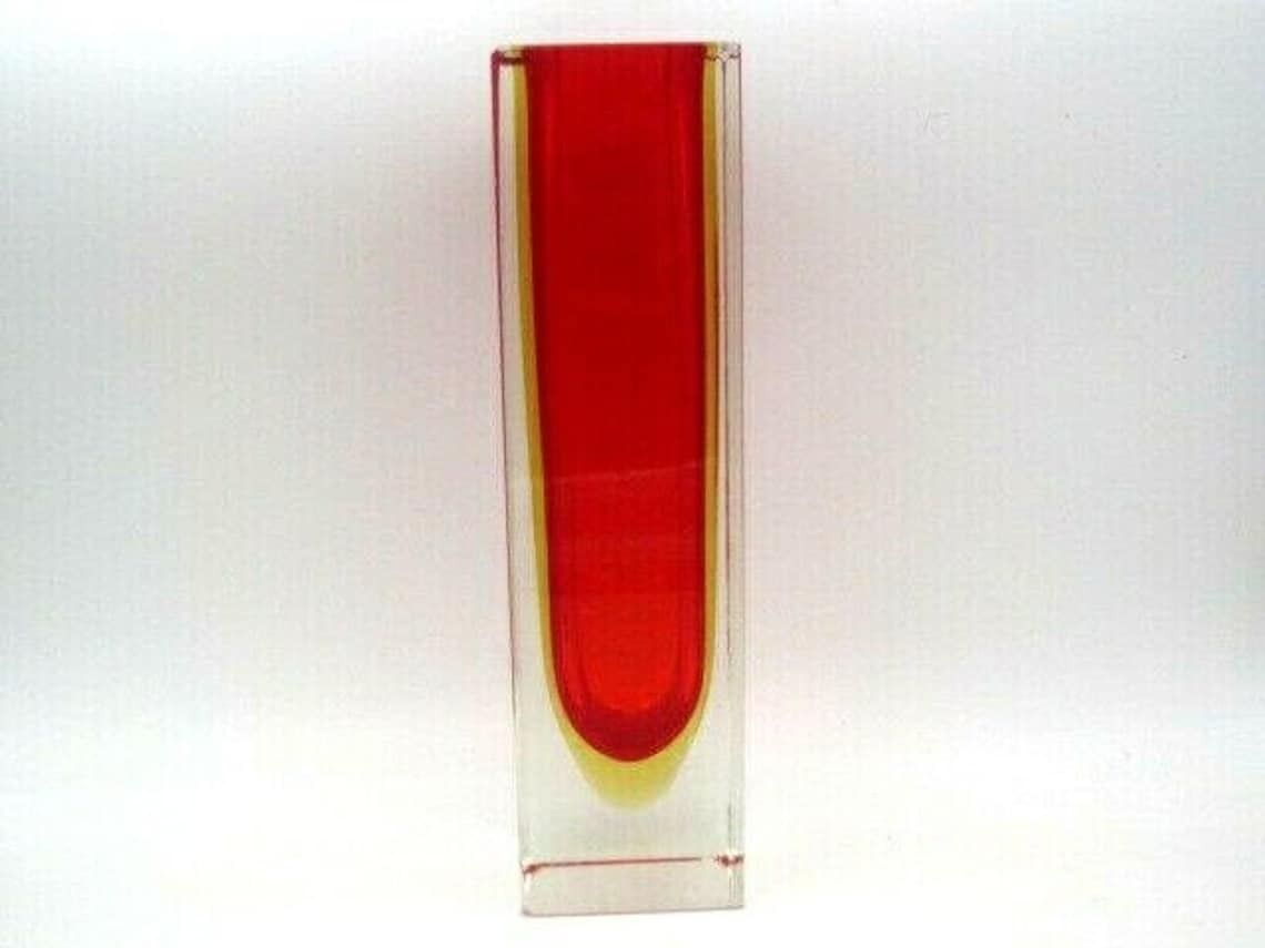 Murano Mandruzzato Sommerso Faceted Red Amber Mid Century Art Glass Vase photo furniture