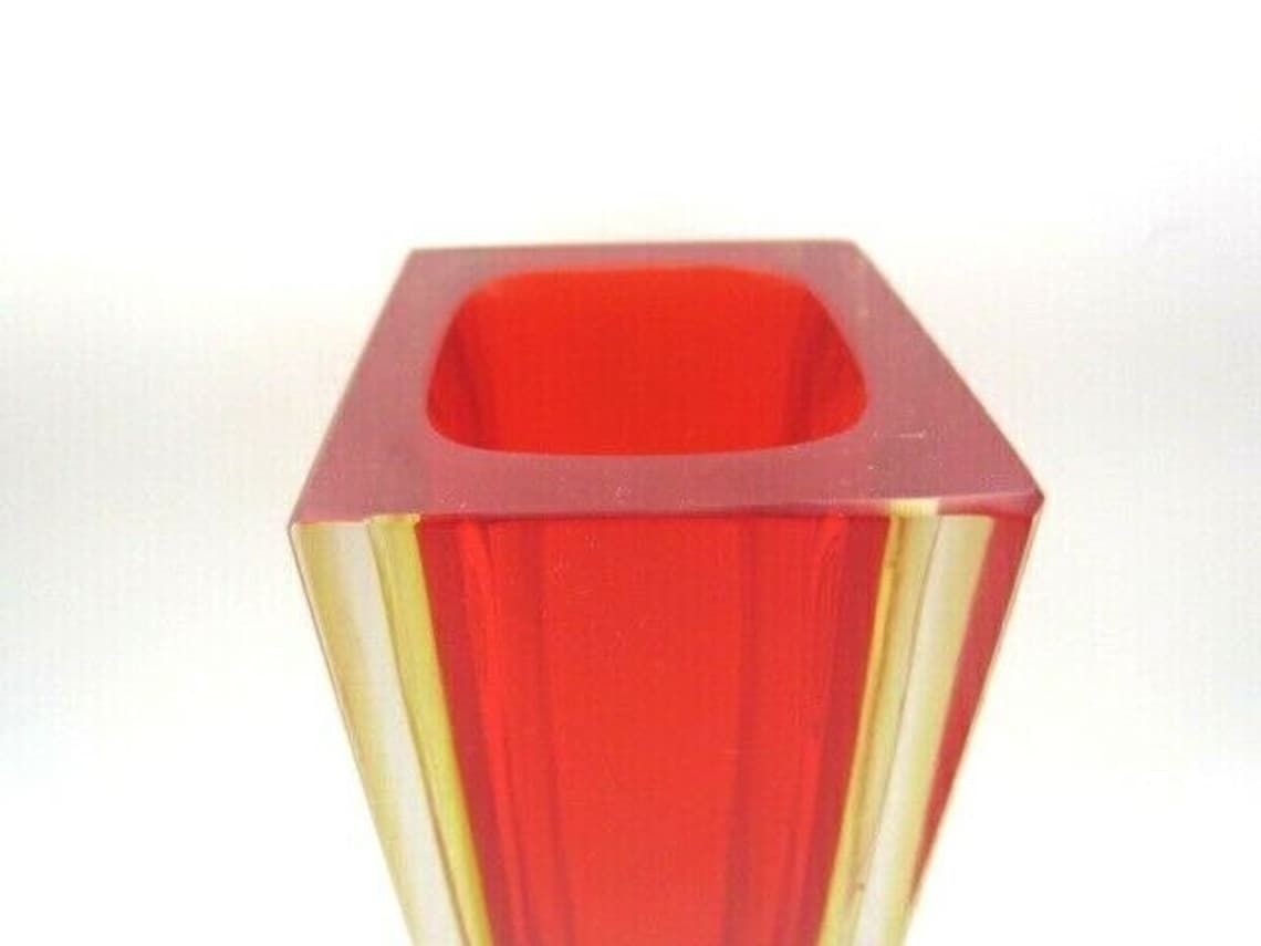 Murano Mandruzzato Sommerso Faceted Red Amber Mid Century Art Glass Vase photo vinterior