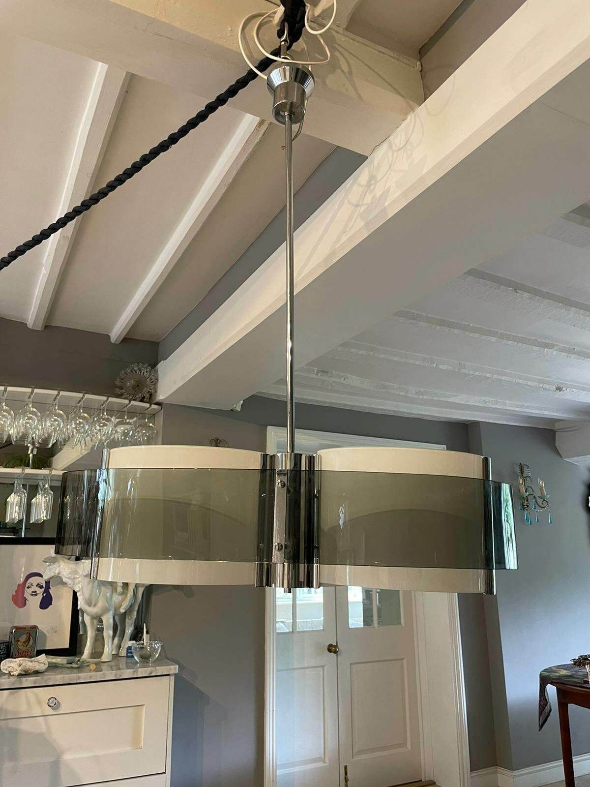 Vintage Mid Century Modern 1970s Glass And Chrome Italian Hanging Light photo for sale