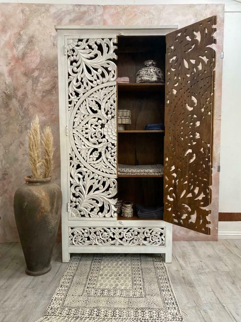 Ornate Hand Carved Mango Wood Armoire/Wardrobe Khar04w photo for sale