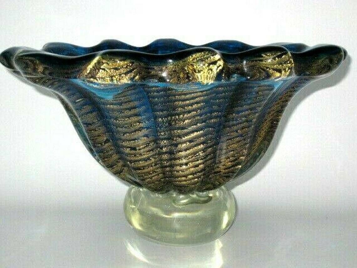 Xxl 4kg 50s Blue 24k Art Glass Fruit Bowl Barovier Toso Round Murano Cordonato Doro Rare photo 2008.0