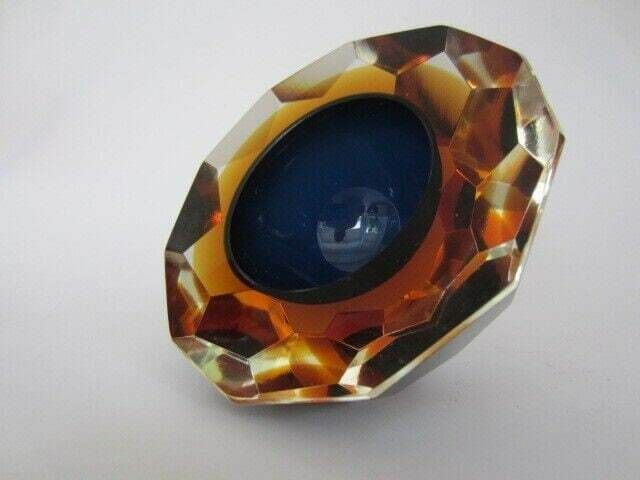 Murano Honeycomb Faceted Blue In Amber In Gold Space Age Diamond Cut Round Bowl photo for sale