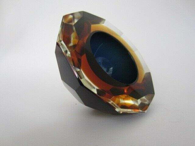 Murano Honeycomb Faceted Blue In Amber In Gold Space Age Diamond Cut Round Bowl photo Home Decor