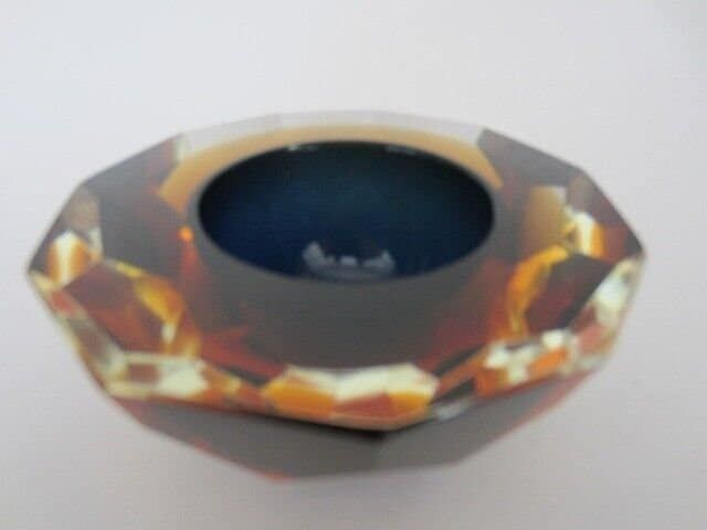 photo for sale Murano Honeycomb Faceted Blue In Amber In Gold Space Age Diamond Cut Round Bowl
