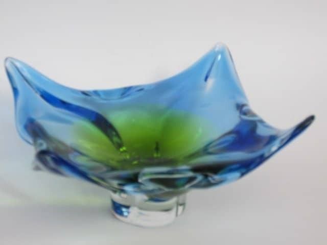 Vintage Chribska Sommerso Art Glass Bowl Blue And Acid Green 70s photo 60.0
