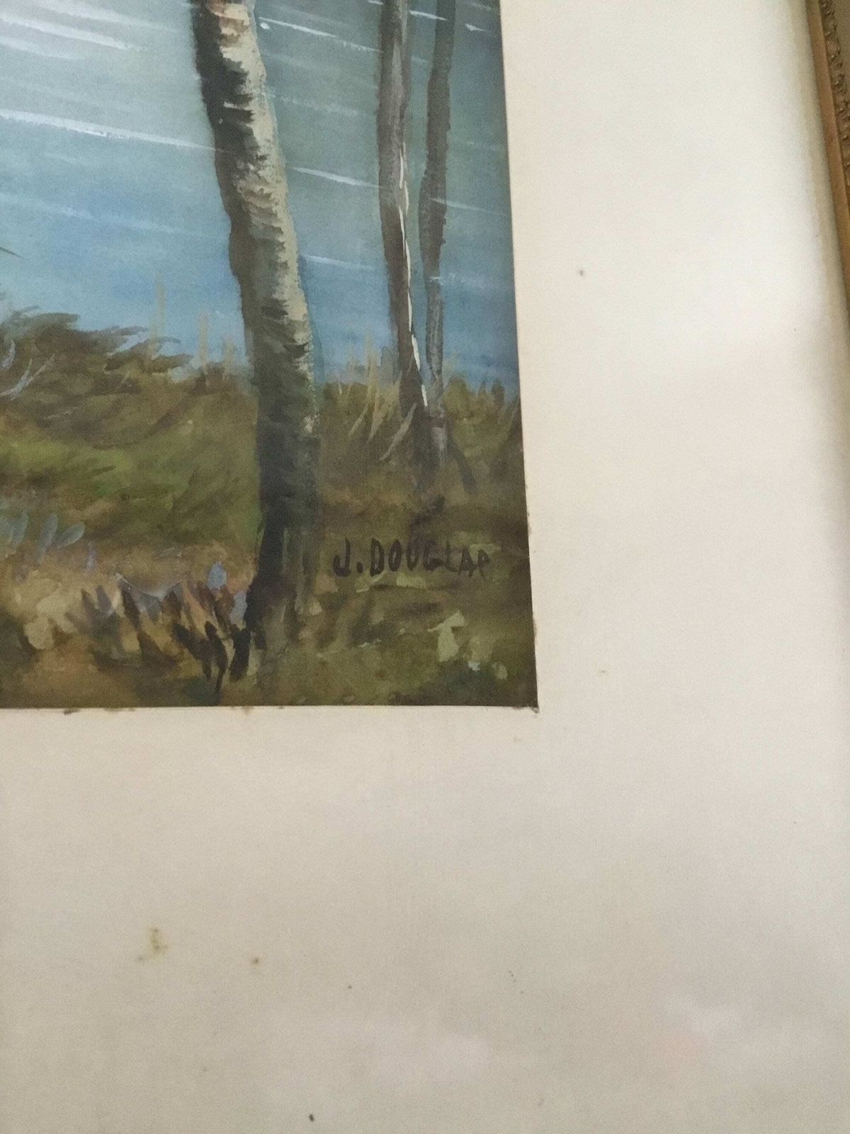 Antique J Douglas Watercolour Countryside River Scene Framed In Gold Frame photo for sale