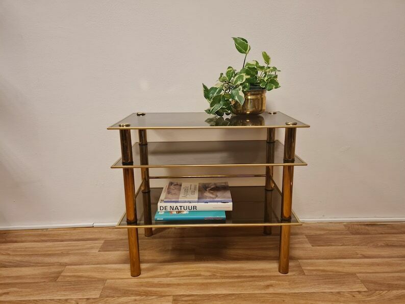 Vintage Hollywood Regency Gold Brass Mcm Table Or Tv Stand With Tempered Glass 80s