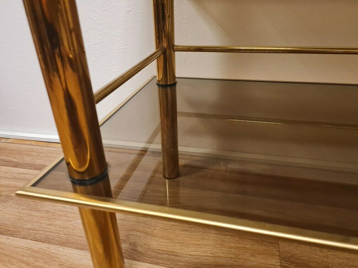 Vintage Hollywood Regency Gold Brass Mcm Table Or Tv Stand With Tempered Glass 80s photo 322.0