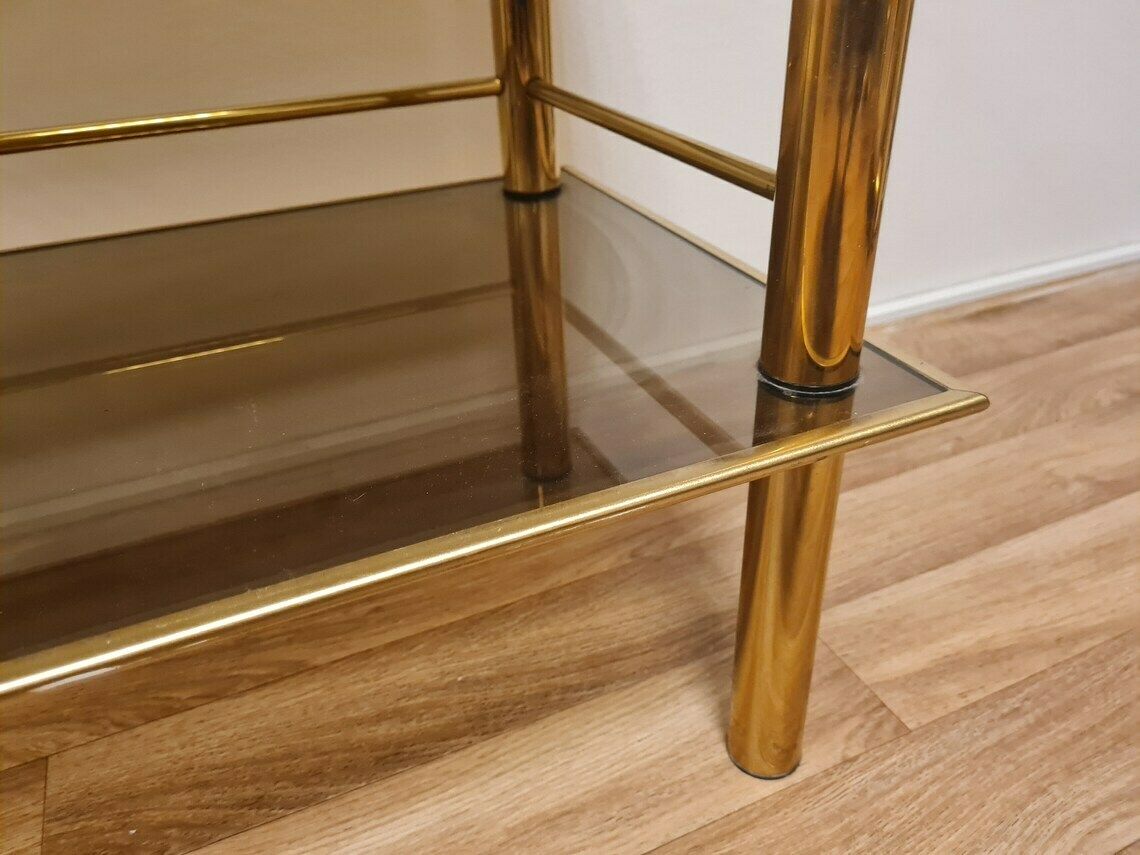 Vintage Hollywood Regency Gold Brass Mcm Table Or Tv Stand With Tempered Glass 80s photo vinterior