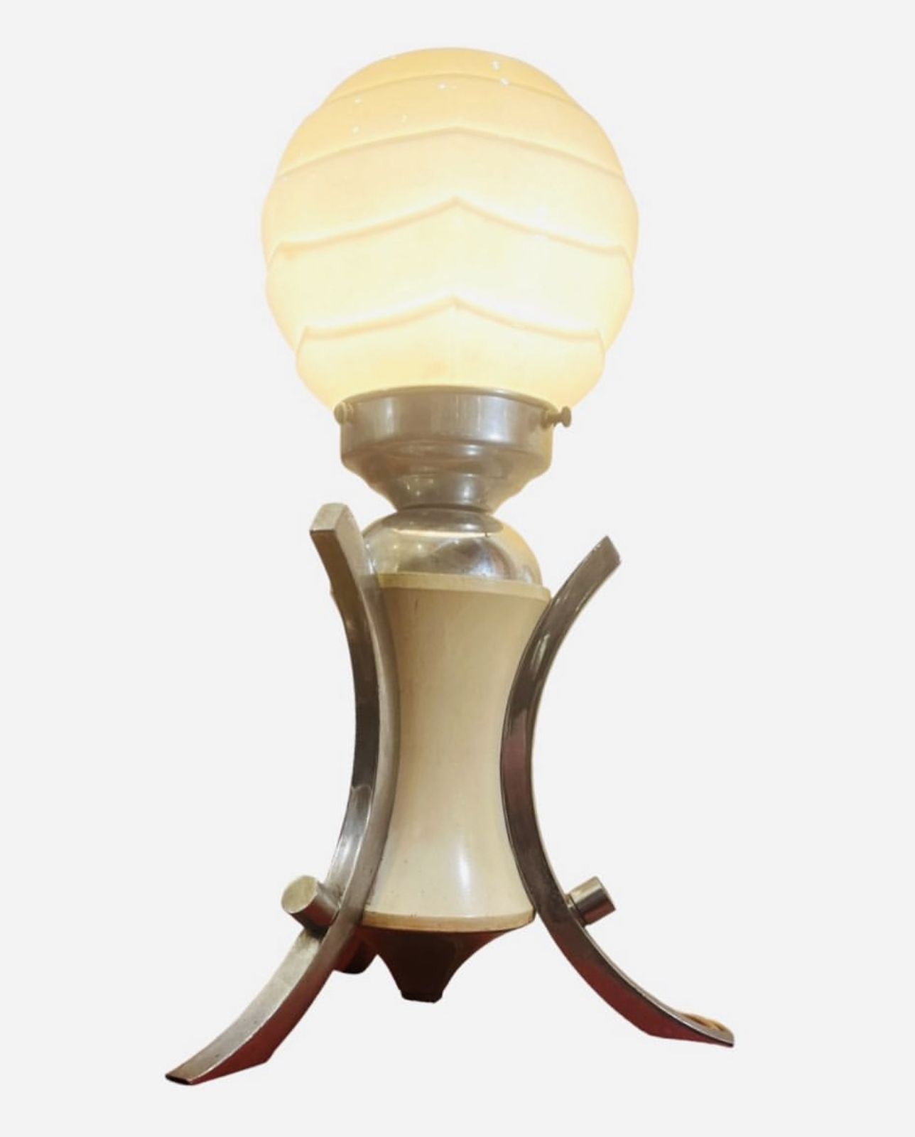 French Art Deco Table Lamp, Pale Lemon Body, Chrome Legs, Globe Shade photo for sale