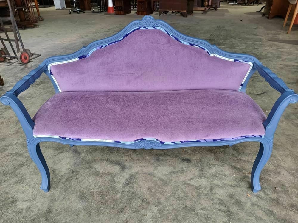Small French Bed End Hall Bathroom Sofa Painted Blue Cabriole Legs Sprung