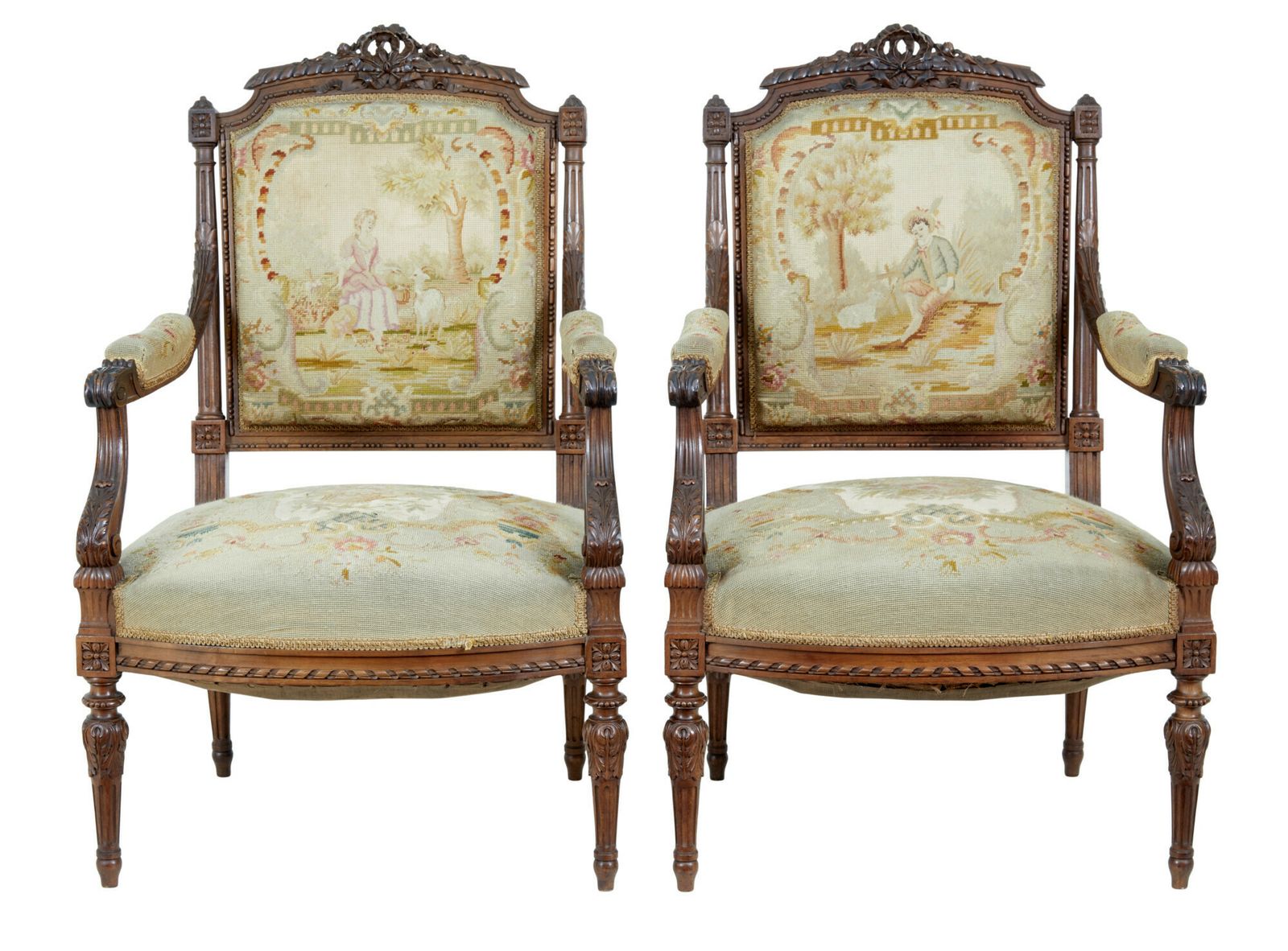 19th Century French Carved Walnut Tapestry Armchairs