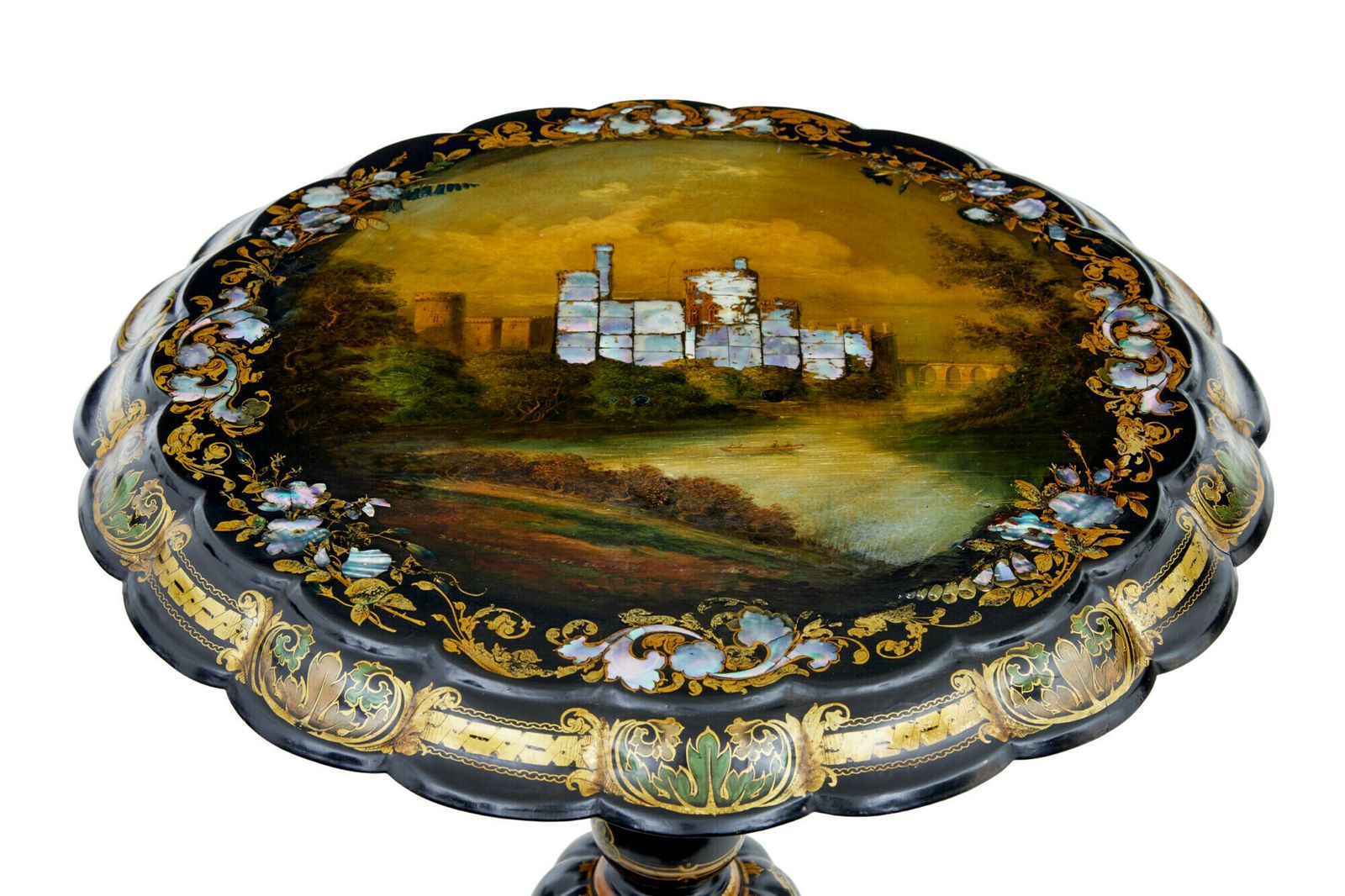 photo for sale 19th Century Papier Mache And Painted Mother Of Pearl Inlaid Tilt Top Table