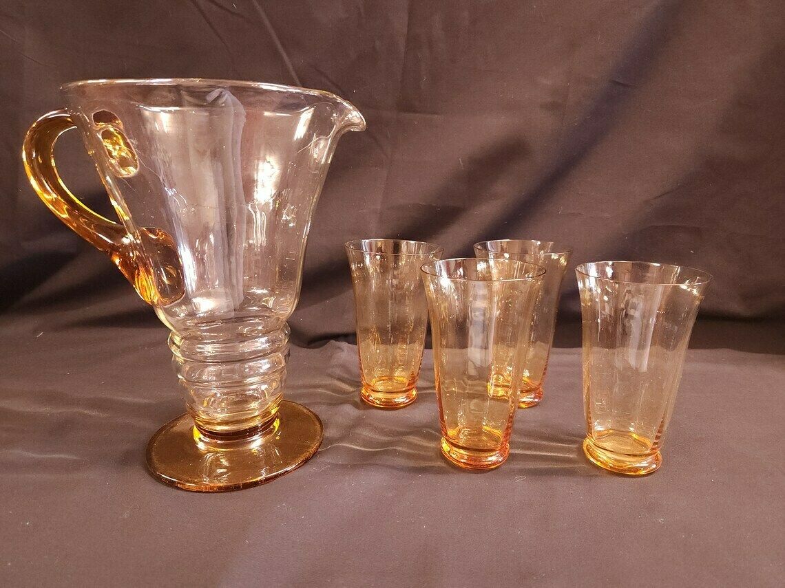 Art Deco, Possibly Whitefriars Glass, Lemonade Jug And 4 Tumblers photo furniture