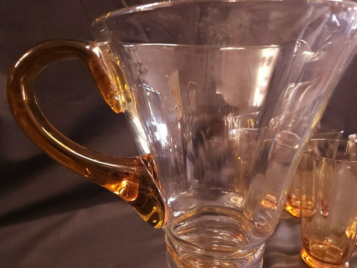 Art Deco, Possibly Whitefriars Glass, Lemonade Jug And 4 Tumblers photo vintage
