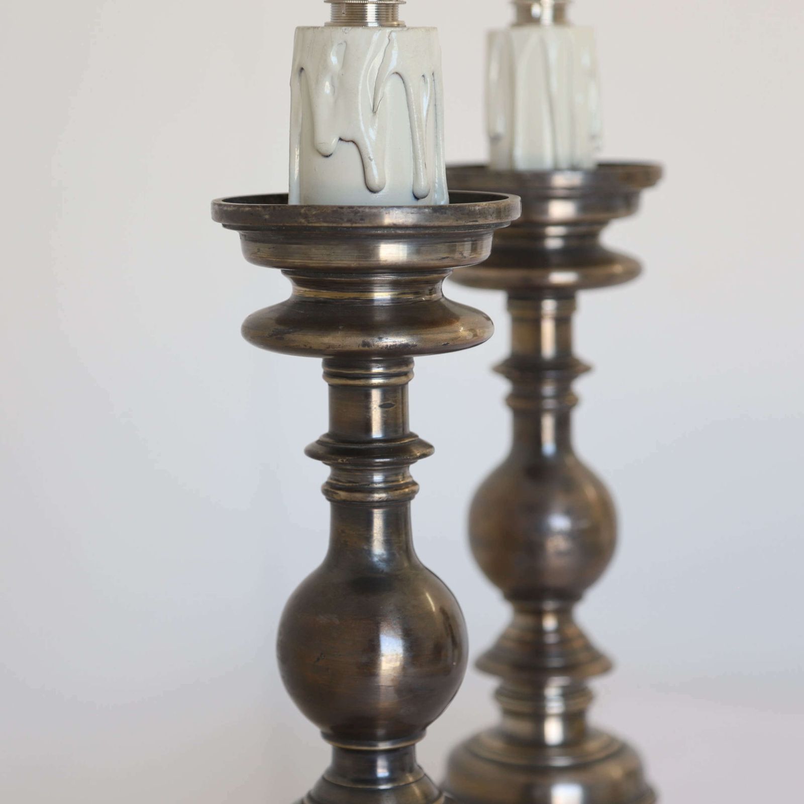 Pair Of Silvered Brass Candlesticks Later Converted To Lamps photo vintage