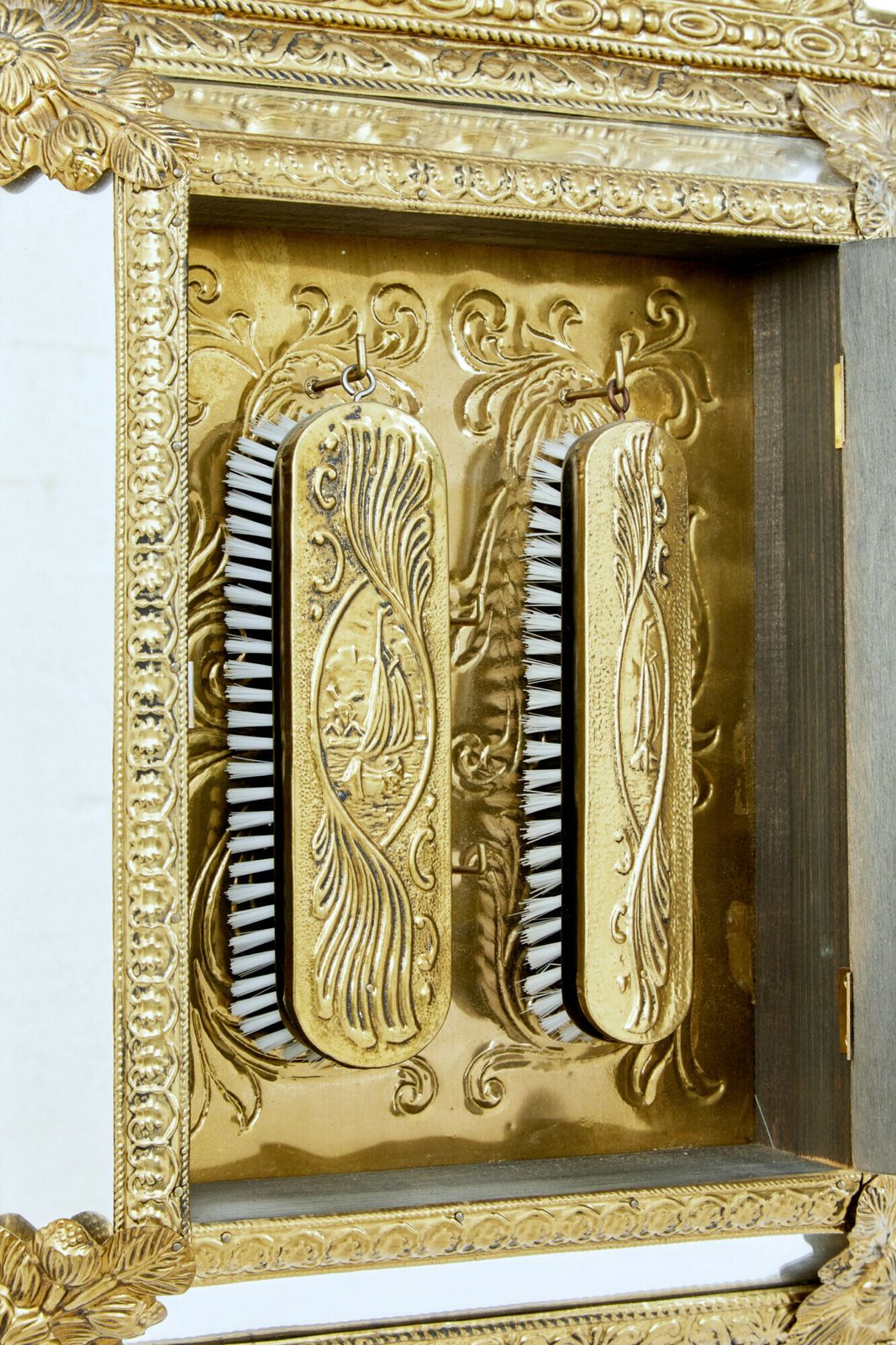 Mid 20th Century Aesthetic Movement Inspired Brass Hall Cushion Mirror photo for sale