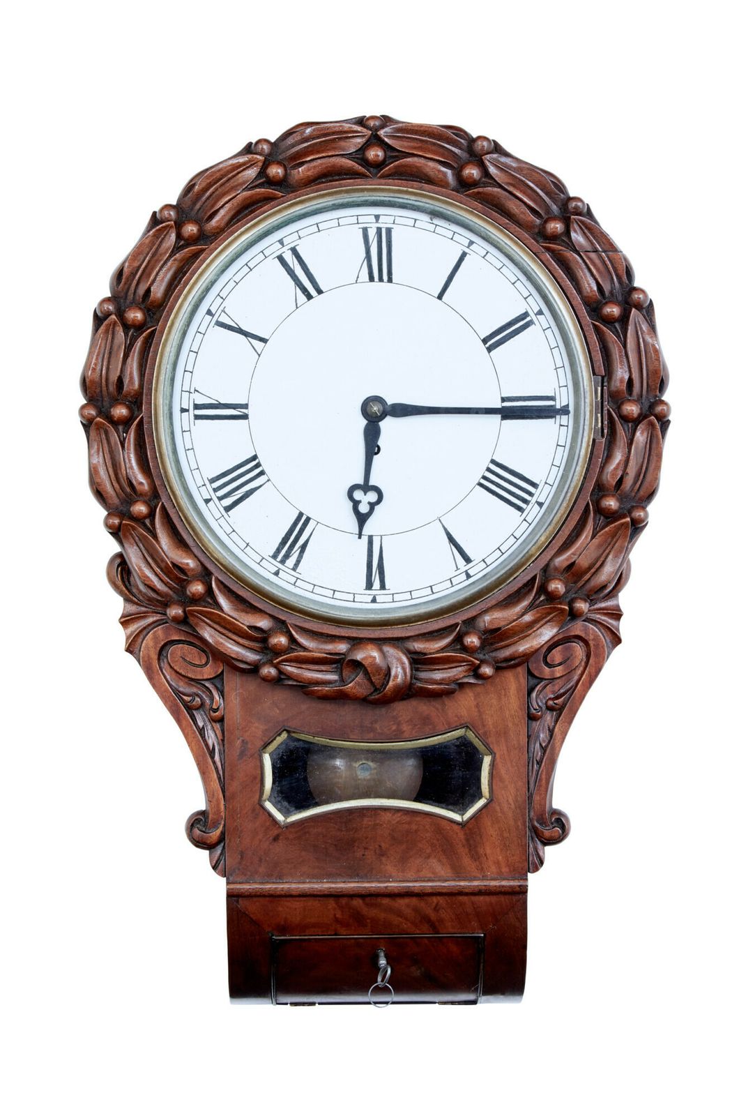 Mid 19th Victorian Century Carved Mahogany Fusee Wall Clock