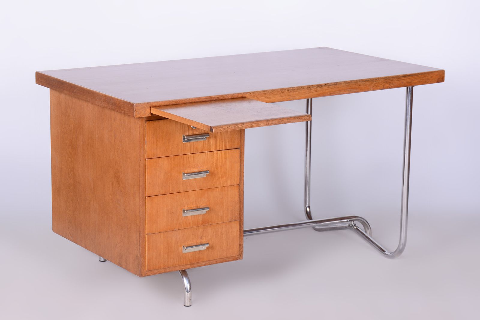Restored Bauhaus Oak Writing Desk, Hynek Gottwald, Chrome, Czechia, 1930s photo for sale
