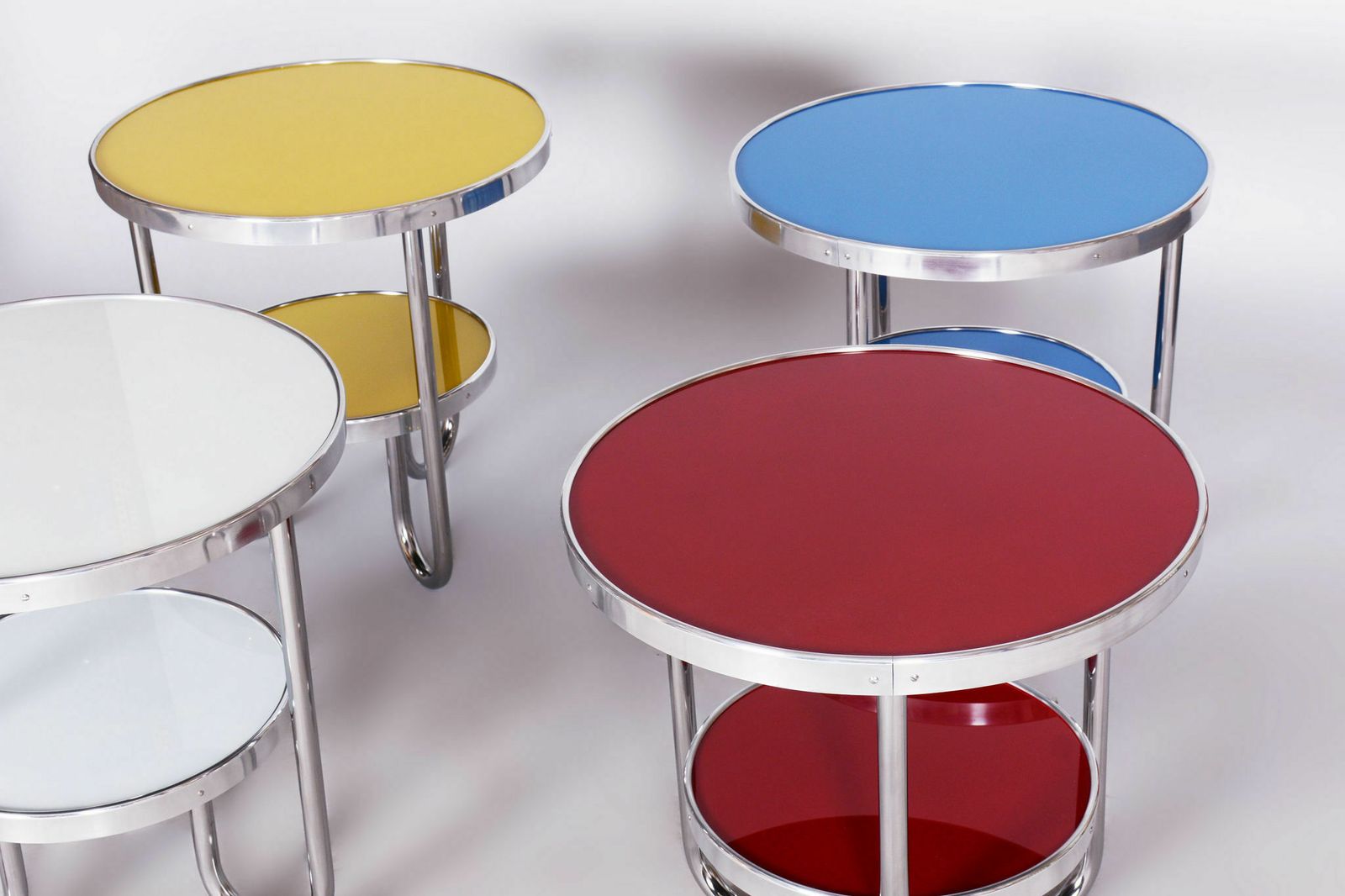 Restored Bauhaus Small Blue Table, Kovona, Chrome Plated Steel, Spruce Wood Glass, Czechia, 1930s photo Furniture