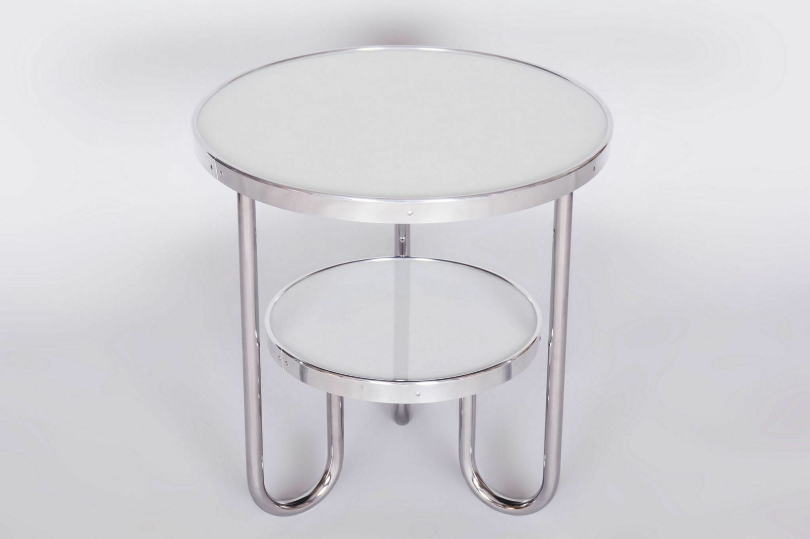 Restored Bauhaus Small White Table, Kovona, Chrome Plated Steel, Spruce Wood,  Glass, Czechia, 1930s photo furniture
