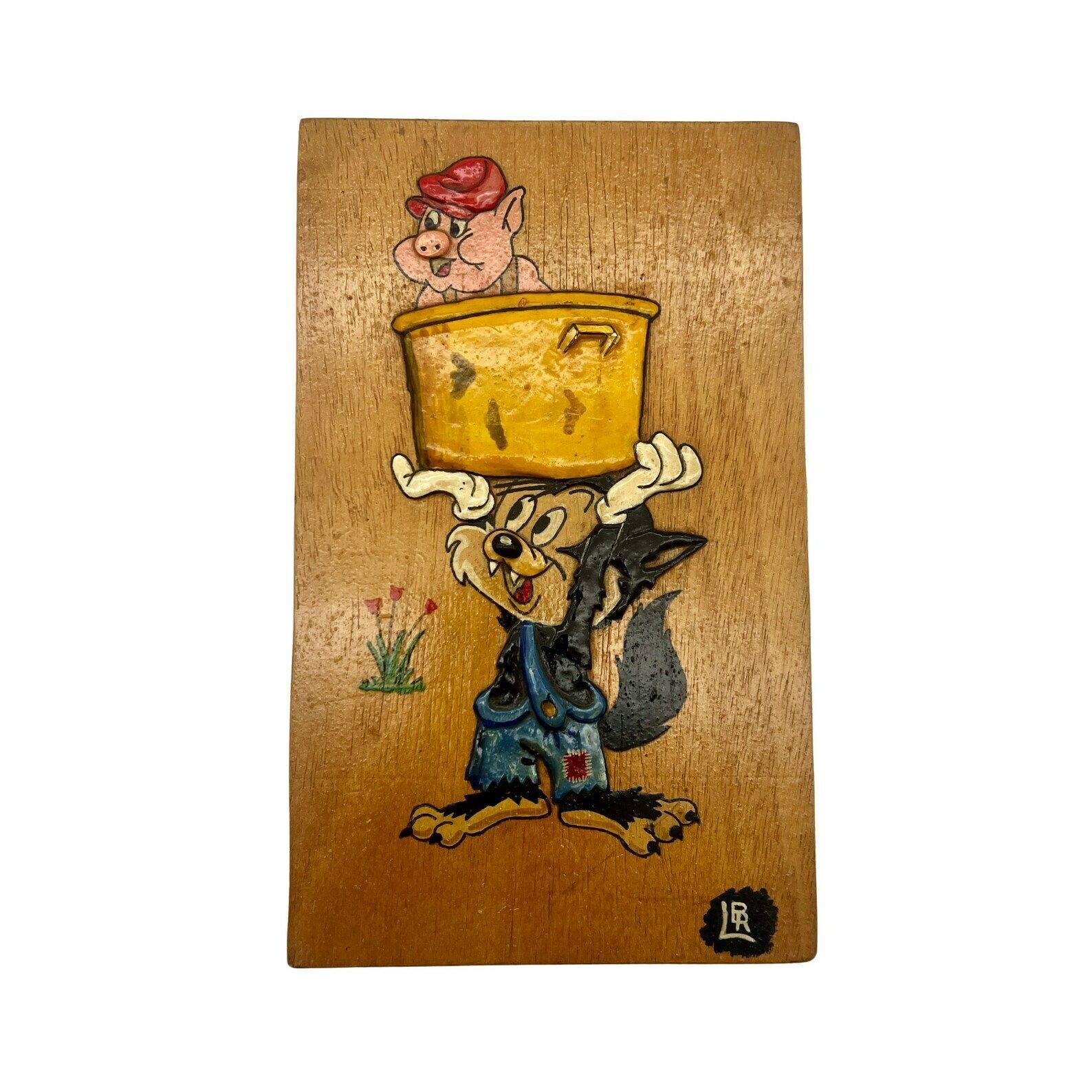Vintage 1960's Raised Wood Painted Plaque Big Bad Wolf And Little Pig   Wall Hanging   Wall Decor