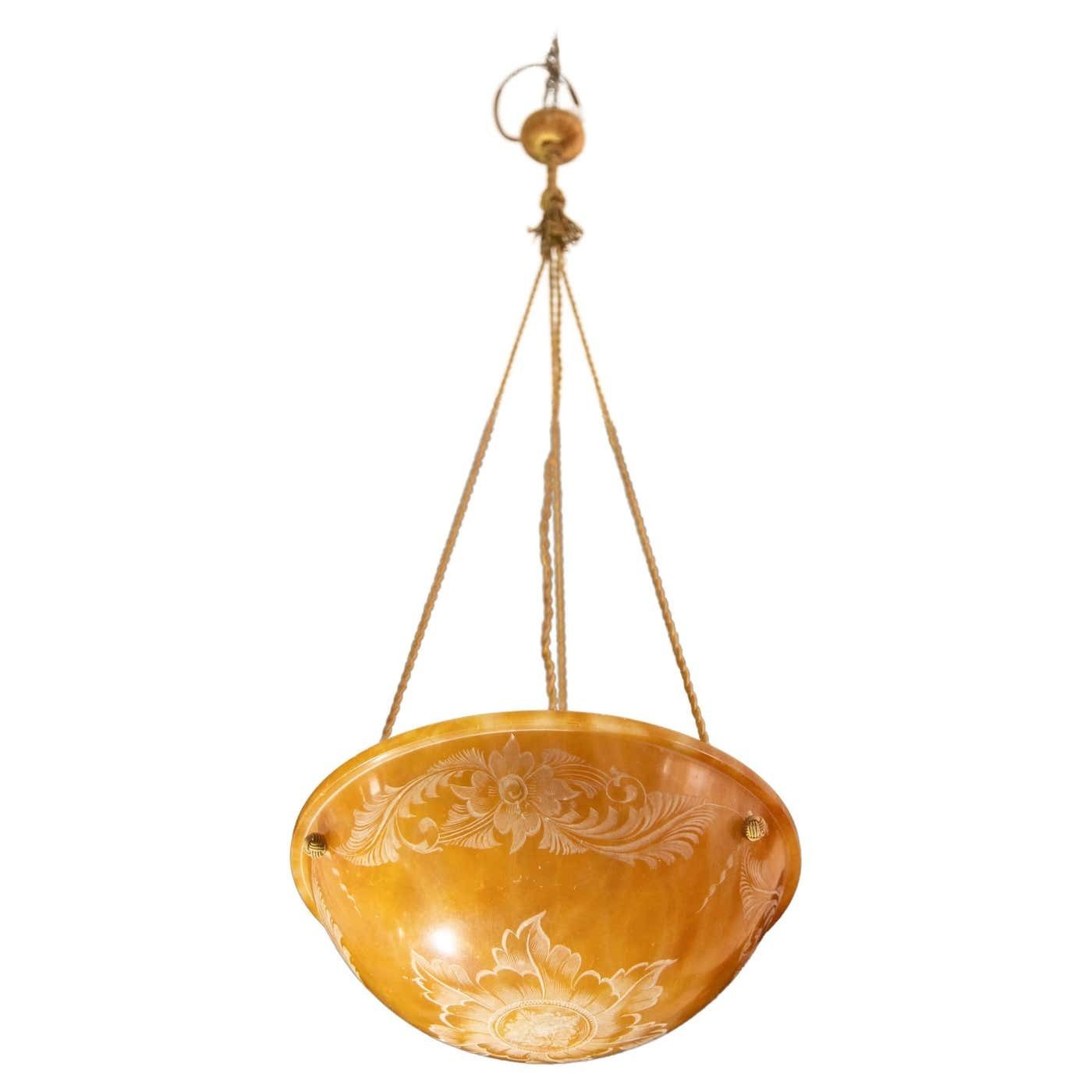 Antique Art Decò Liberty Alabaster Chandelier With Decorations, 1940s