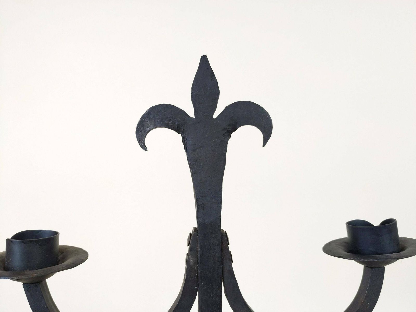 Large French Wrought Iron Hand Forged Iron Candle Holder Chandelier, Large Rustic Fleur De Lys Candlestick From France photo furniture