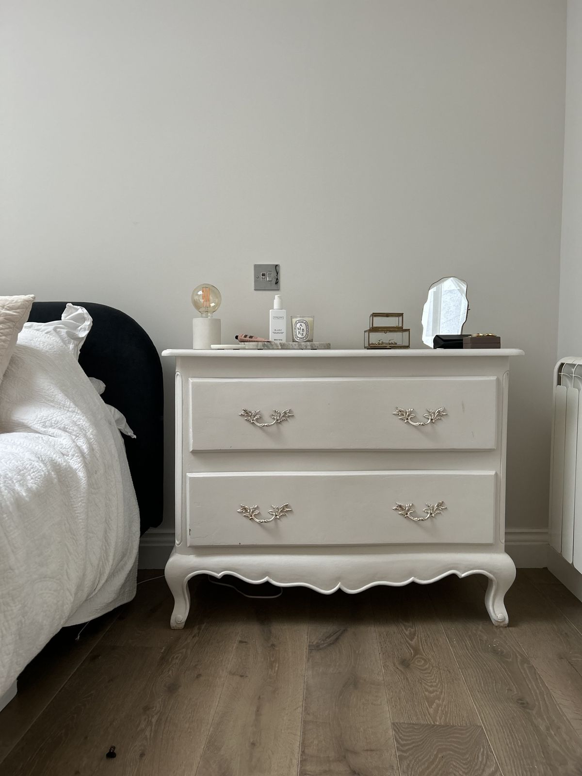 Vintage French Chest Of Drawers Set In Rolling Fog White Decorative Paint.