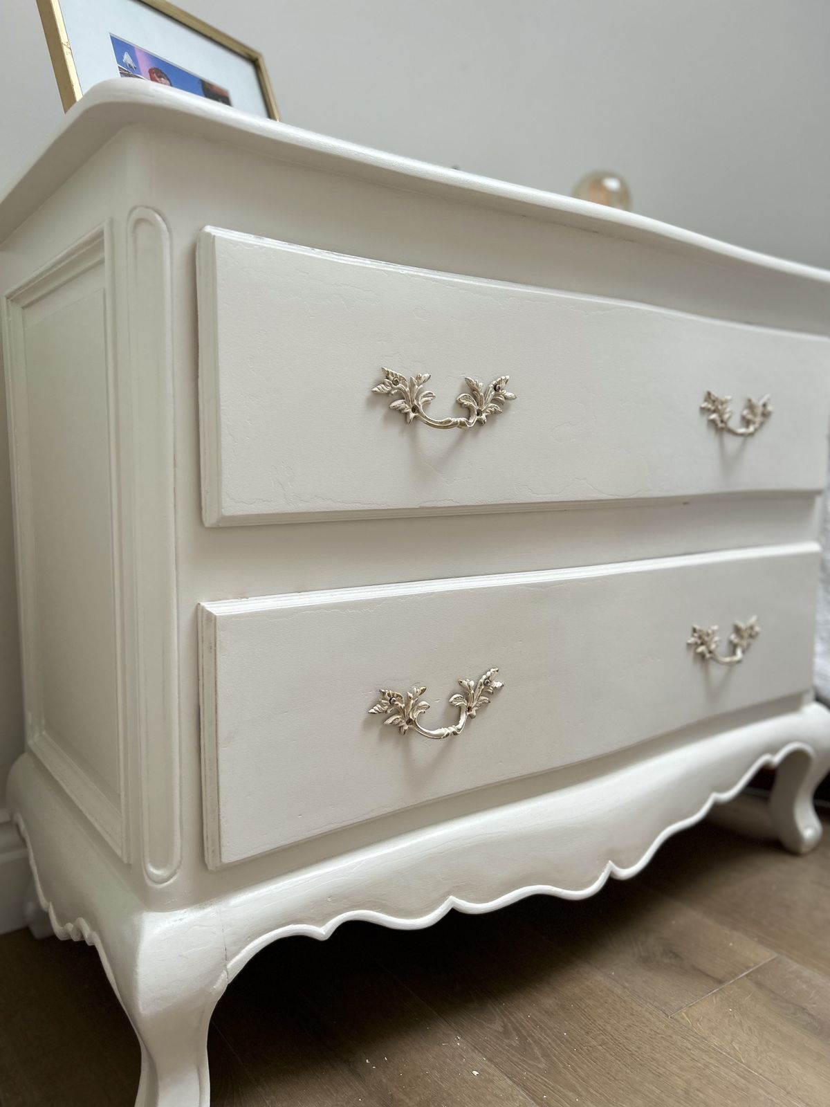 Vintage French Chest Of Drawers Set In Rolling Fog White Decorative Paint. photo Furniture