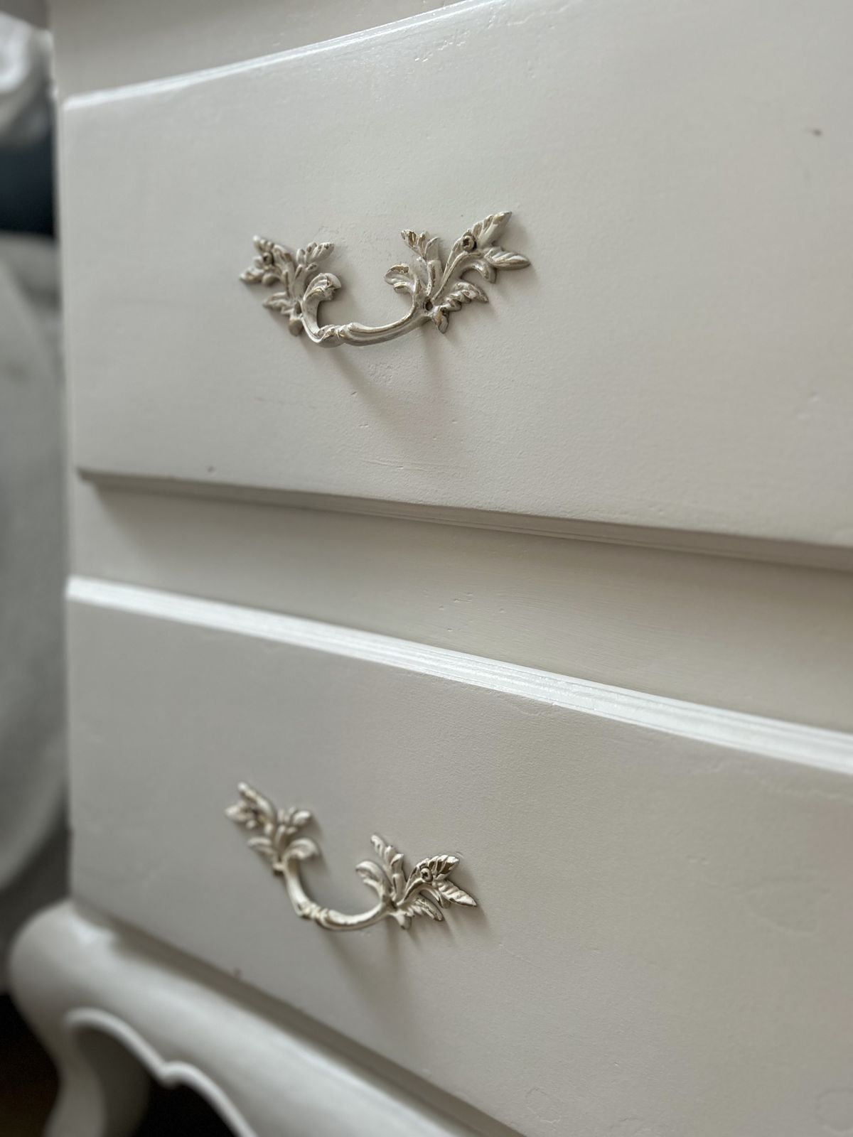 photo for sale Vintage French Chest Of Drawers Set In Rolling Fog White Decorative Paint.