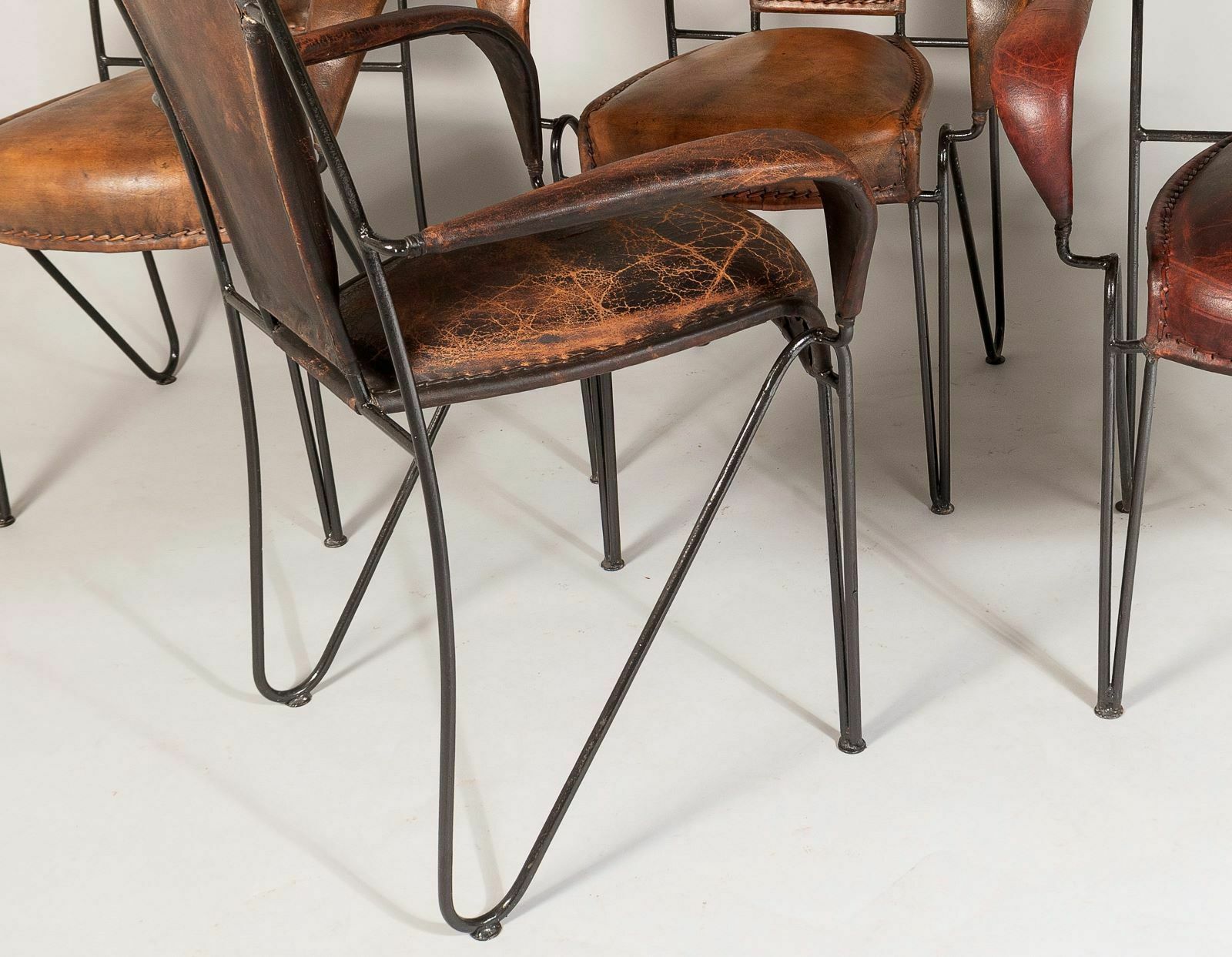 Furniture Set Of 4 1950s French Jacques Adnet Iron Frame With Stitched Leather Armchairs photo