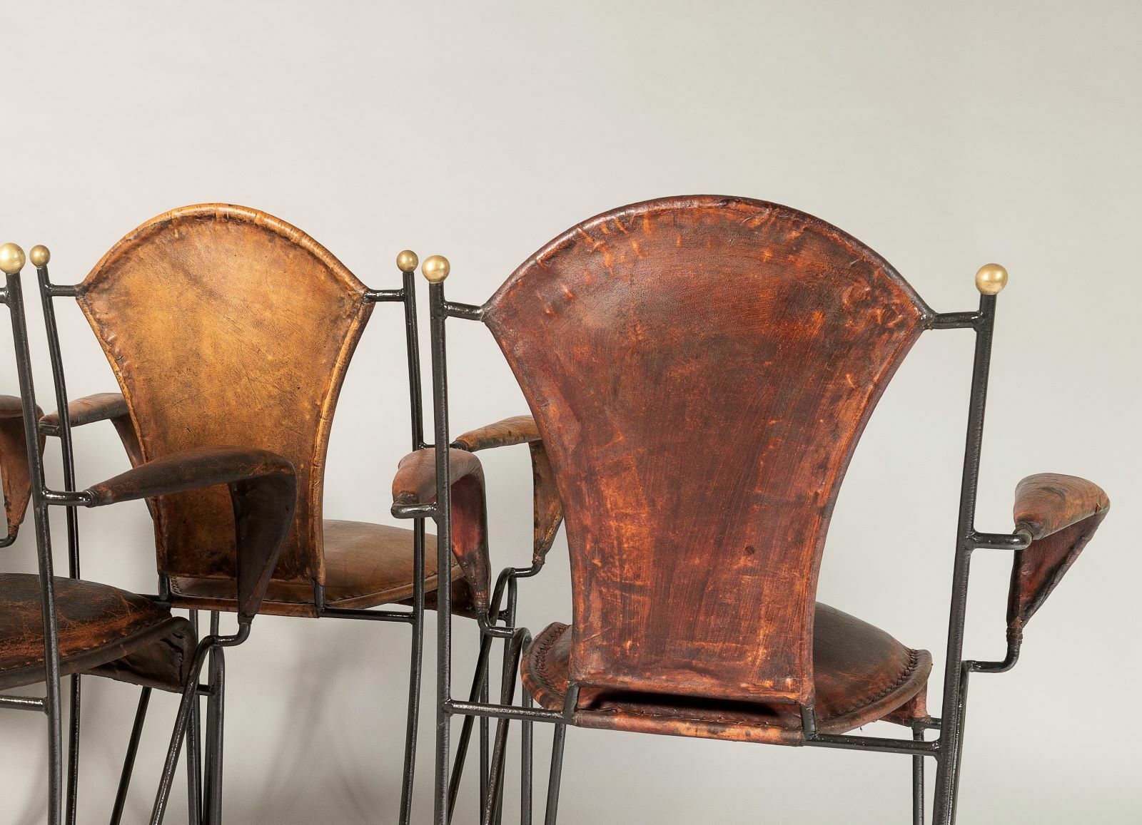 1800.0 Set Of 4 1950s French Jacques Adnet Iron Frame With Stitched Leather Armchairs photo