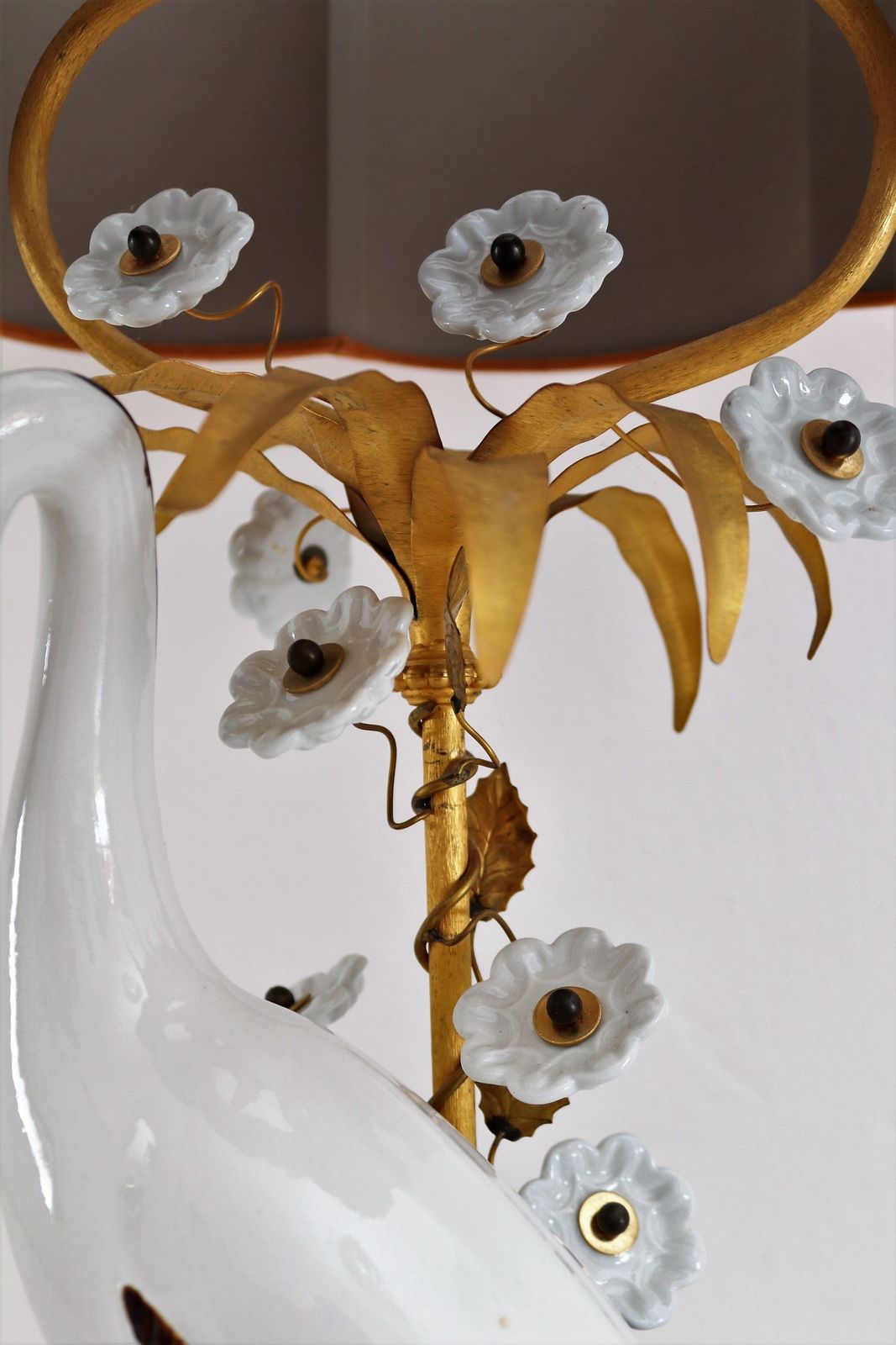 photo furniture French Table Lamp With Porcelain Crane Or Heron And Flowers, 1970s