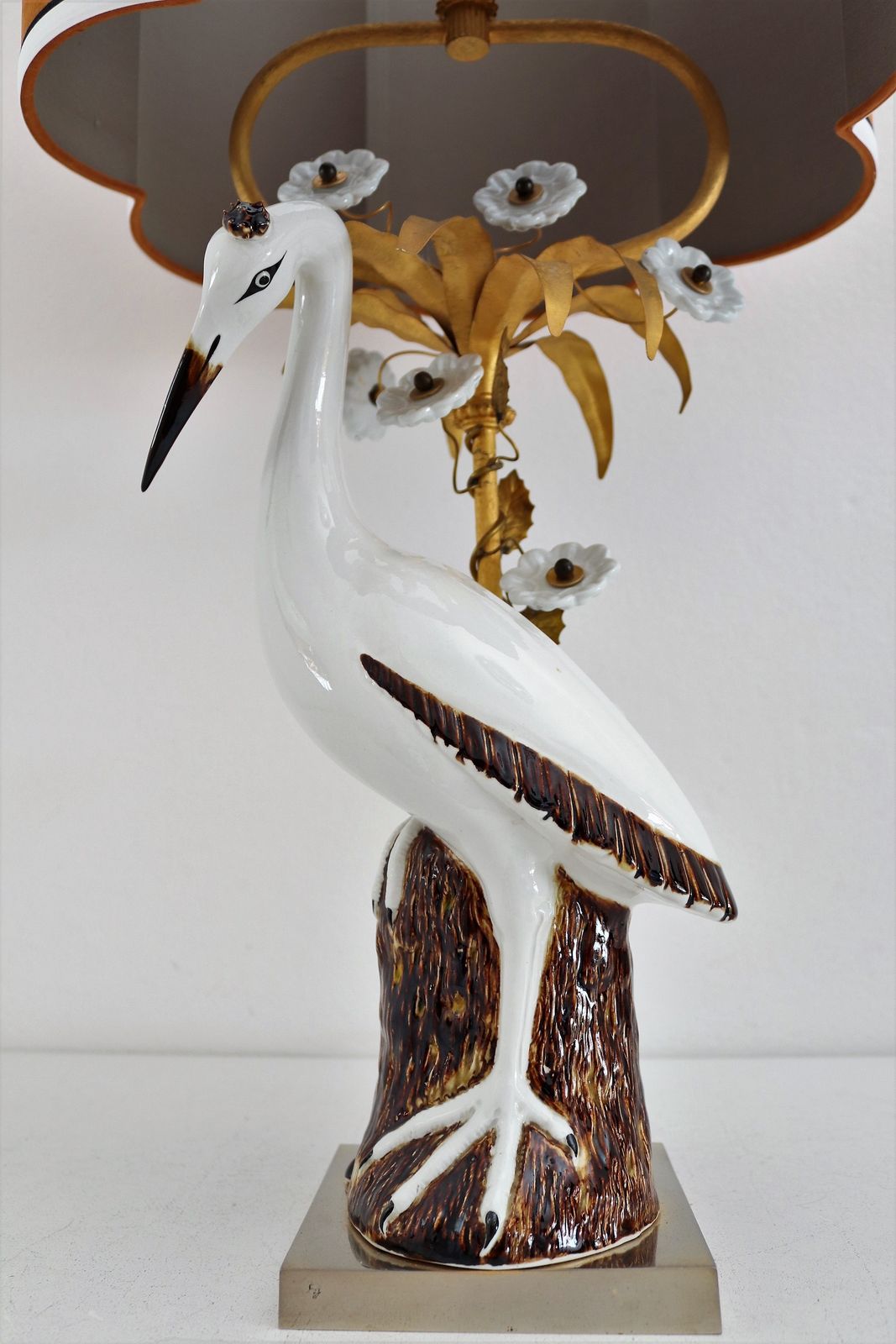 photo for sale French Table Lamp With Porcelain Crane Or Heron And Flowers, 1970s