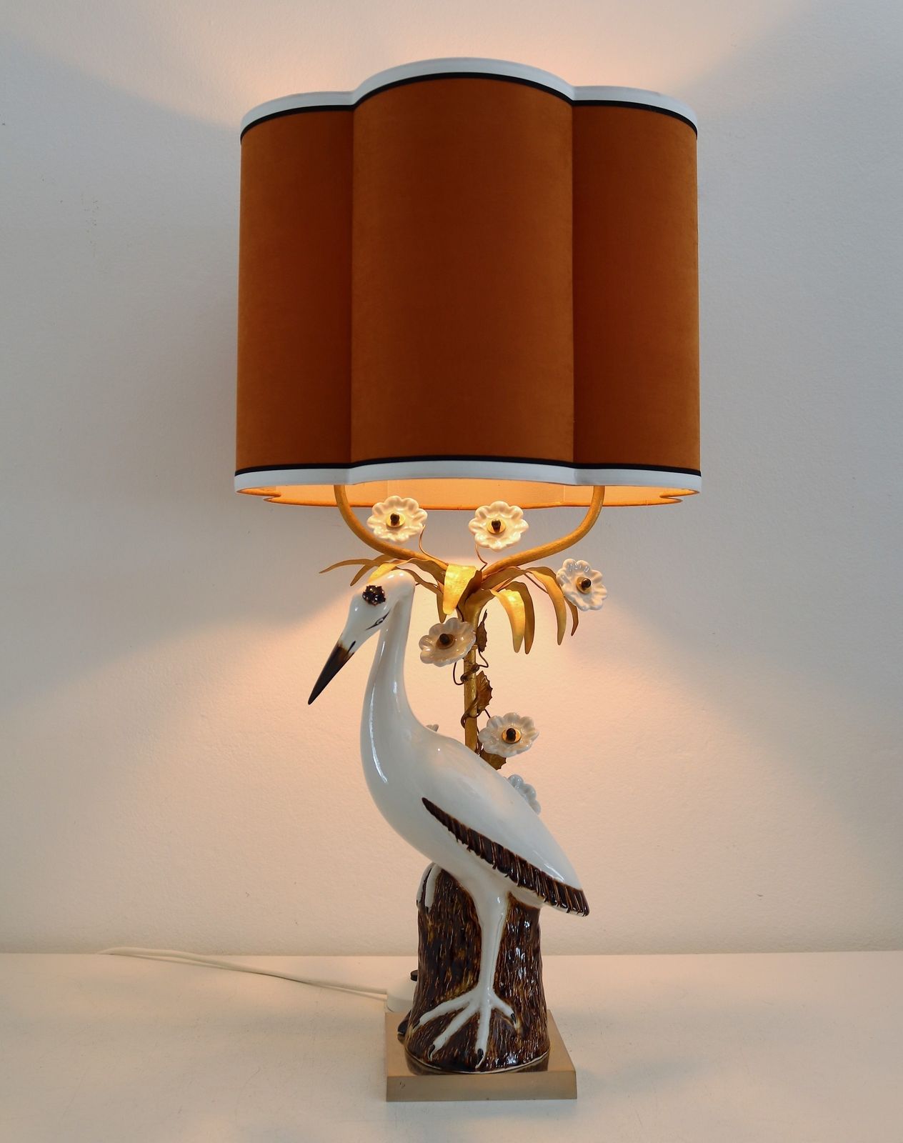 Lighting French Table Lamp With Porcelain Crane Or Heron And Flowers, 1970s photo