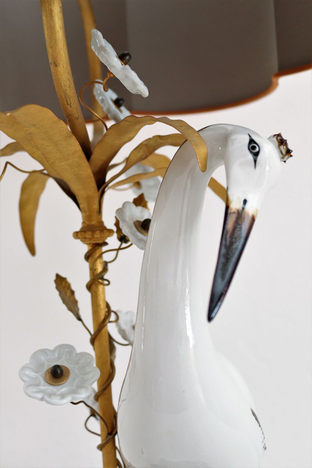 photo buy French Table Lamp With Porcelain Crane Or Heron And Flowers, 1970s